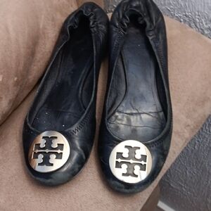 Tory Burch Black Flats with Gold Logo